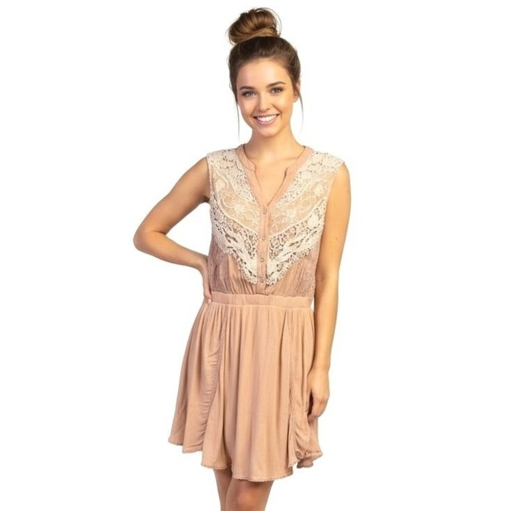 Miss Me Boho Mini Dress S Terracotta Lace Swiss Dot Gauze Button Front Festival